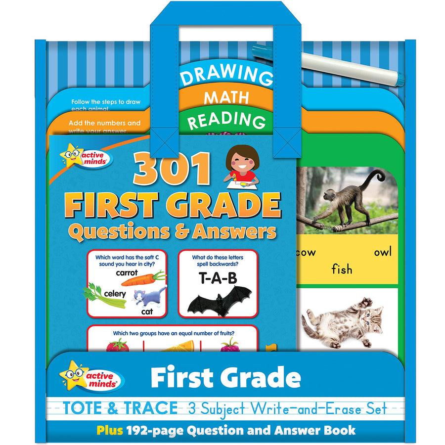 Active Minds - First Grade Tote & Trace - 3 Subject Write-and-Erase Wipe Clean Board Set