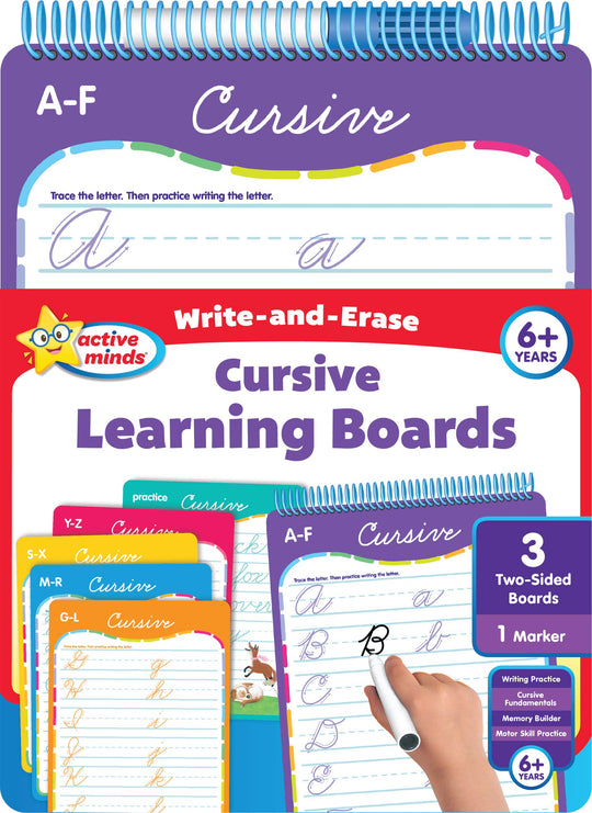 Active Minds - Write-and-Erase - Wipe Clean Cursive Learning Boards Ages 6+